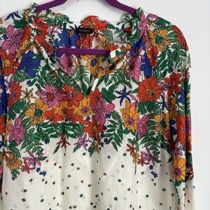 Talbots Womens Blissful Floral Smocked Cuff Blouse Size M Rainbow Office Country